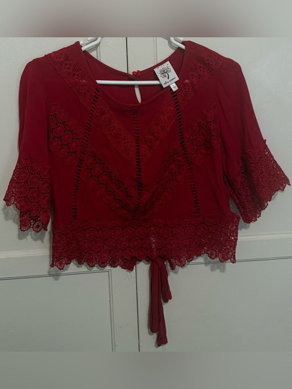 Self Esteem Lace-Trim Tie-Front Blouse - Wine Red